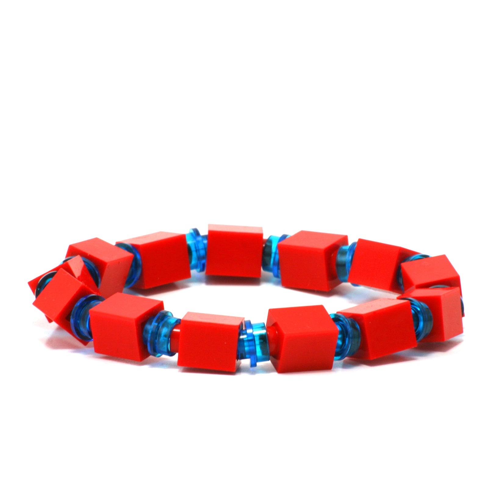red & transparent blue beaded bracelet